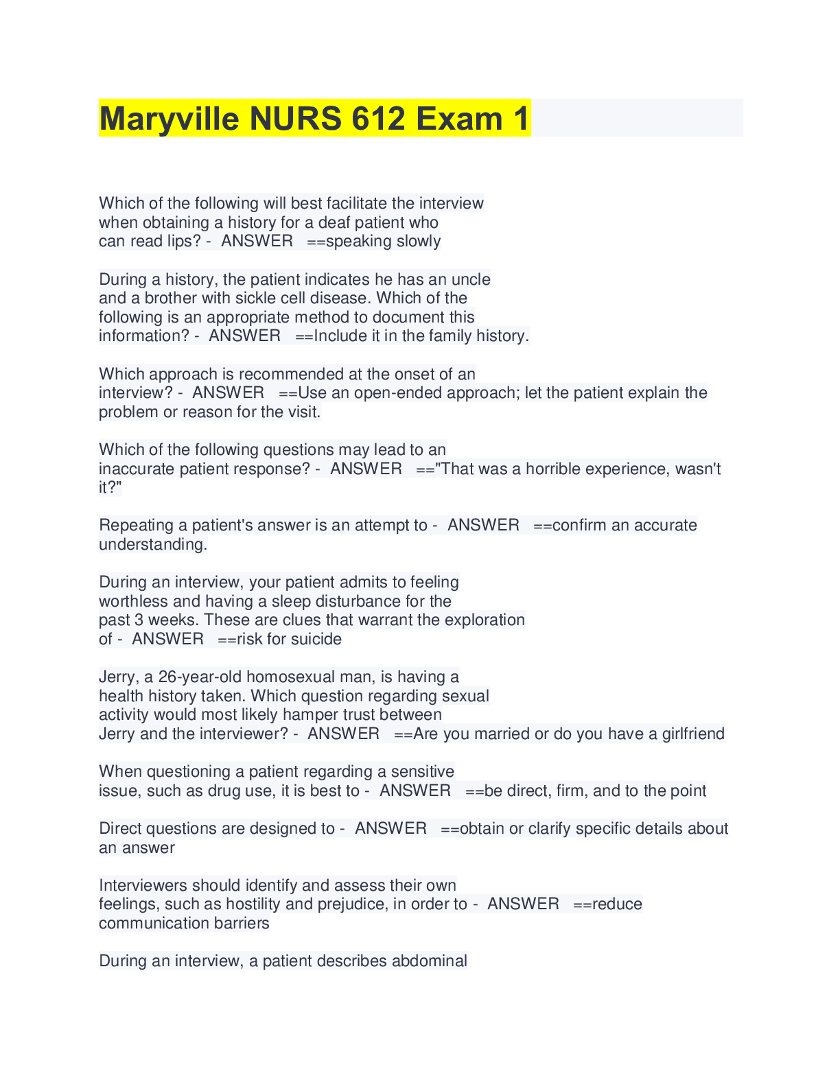 Preview image for Maryville NURS 612 Exam 1